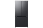 Samsung 33" 18.0 Cu. Ft. matte black French door refrigerator front view with flat doors and bottom freezer drawer