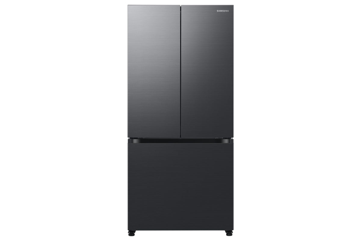Samsung 33" 18.0 Cu. Ft. matte black French door refrigerator front view with flat doors and bottom freezer drawer