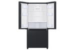 Samsung 33" French door refrigerator open view showing glass shelves, door bins and two crisper drawers