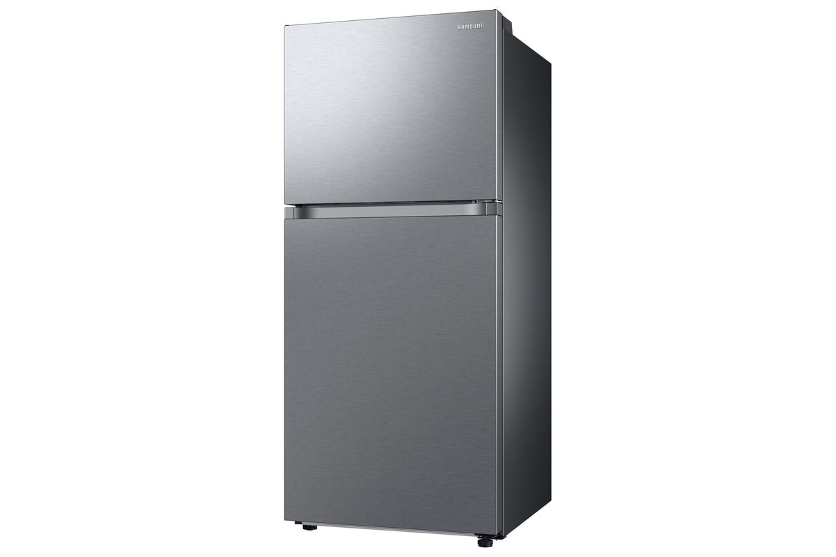 Samsung 30" 17.6 Cu. Ft. stainless steel top mount refrigerator angled view with flat doors and recessed handles