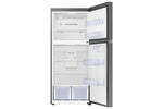 Samsung 30" top mount refrigerator open view showing freezer shelf, glass fridge shelves, door bins and two crisper drawers