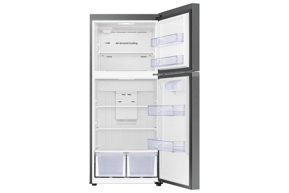 Samsung 30" top mount refrigerator open view showing freezer shelf, glass fridge shelves, door bins and two crisper drawers
