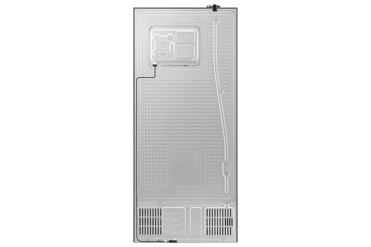 Samsung 30" top mount refrigerator rear view showing covered back panel, cooling components and lower ventilation