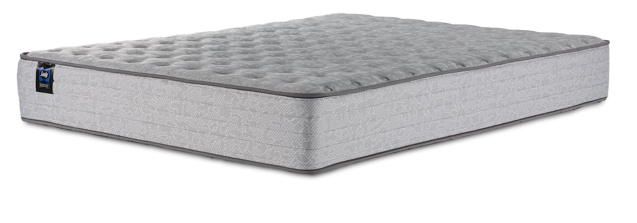 Sealy Burchelle Extra Firm Tight Top Twin mattress with grey quilted top and patterned side panels, three-quarter view