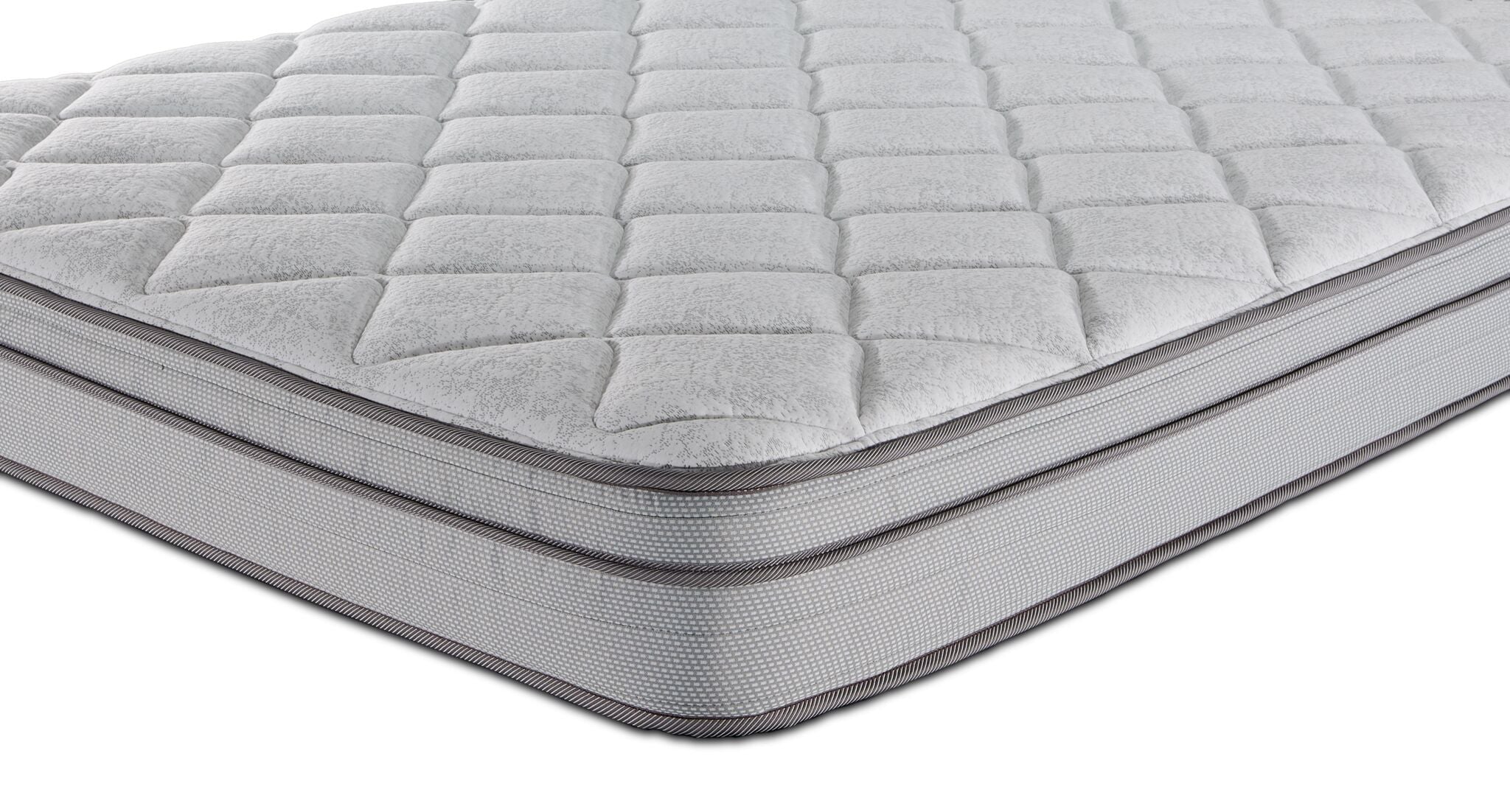 Close-up of Sealy Essentials Kairo Medium Euro Top Twin mattress showing quilted top and grey piping