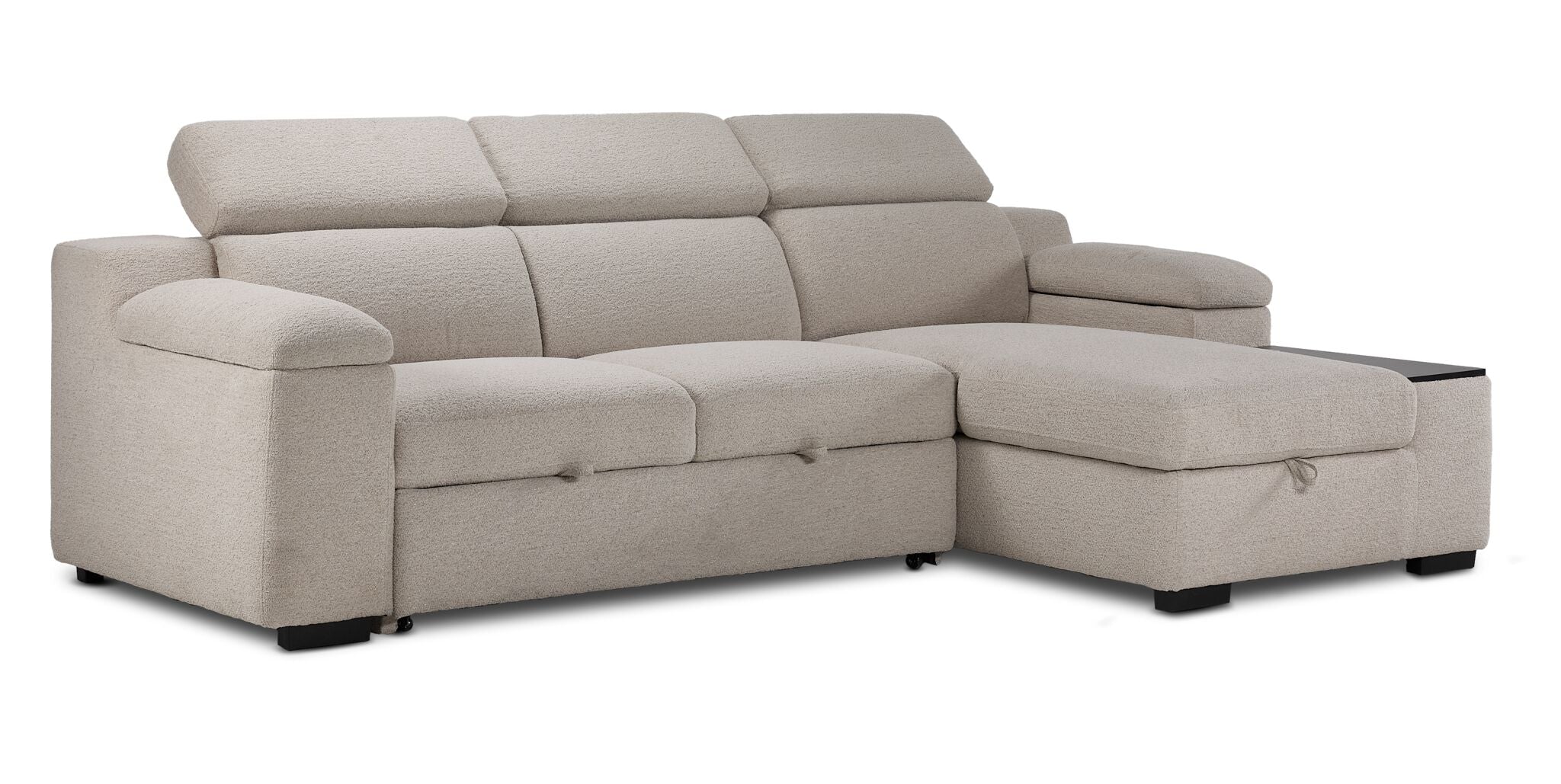 Left-Facing: Slayden left-facing 2-piece taupe polyester sectional with chaise, adjustable headrests and side table