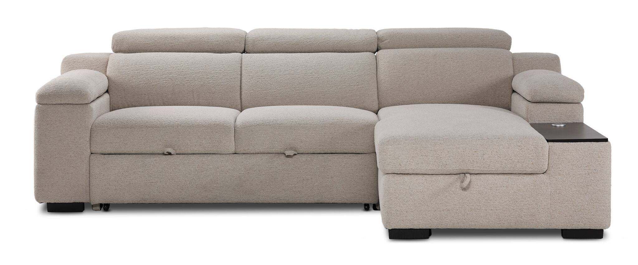 Front view of Slayden left-facing taupe polyester sectional with chaise and built-in side table