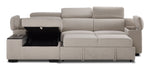 Slayden right-facing taupe polyester sectional with pop-up bed extended and lift-up chaise storage open
