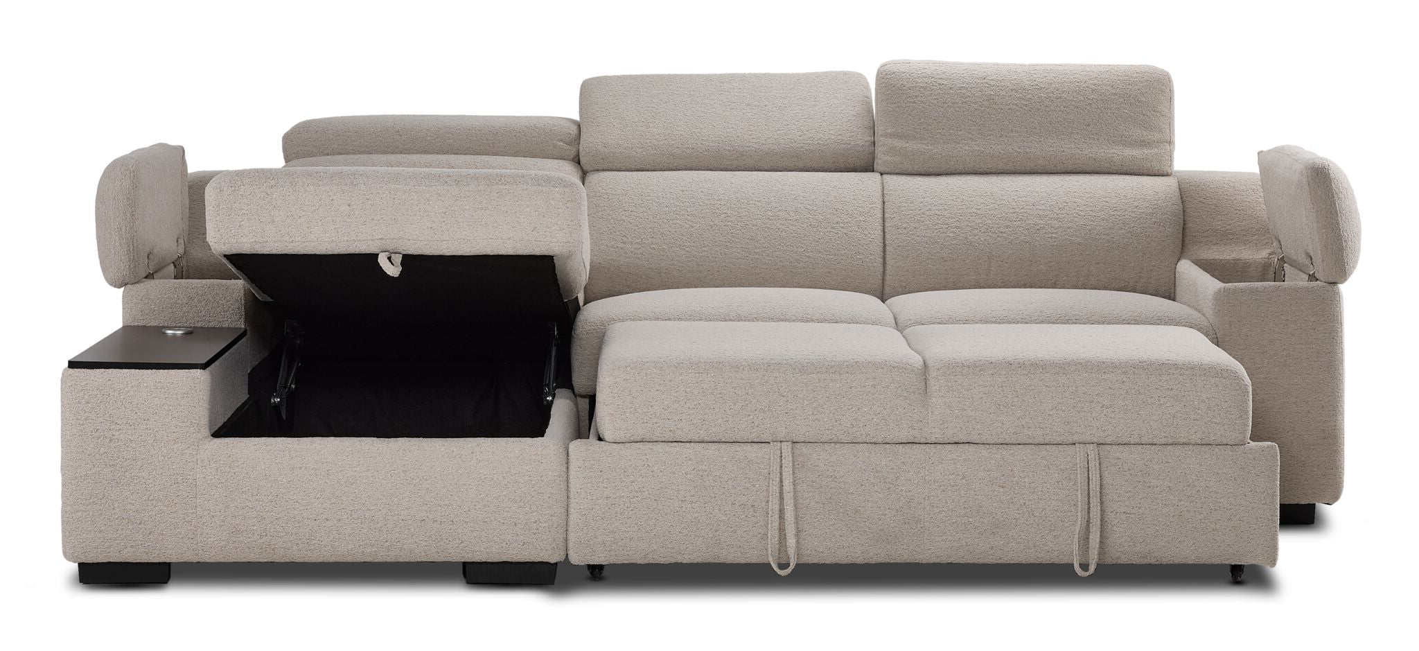 Slayden right-facing taupe polyester sectional with pop-up bed extended and lift-up chaise storage open