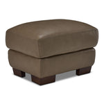 Sloan II chocolate leather ottoman with square cushioned top and angled front view