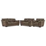 Sloan II chocolate leather sofa, loveseat and chair set with wide cushioned arms and contemporary style