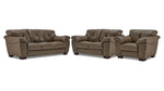 Sloan II chocolate leather sofa, loveseat and chair set with wide cushioned arms and contemporary style