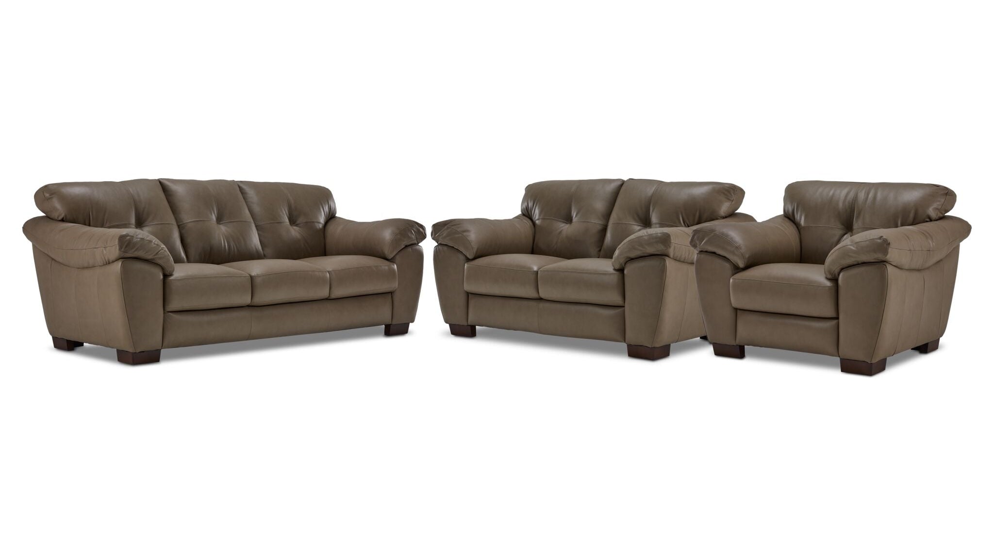 Sloan II chocolate leather sofa, loveseat and chair set with wide cushioned arms and contemporary style