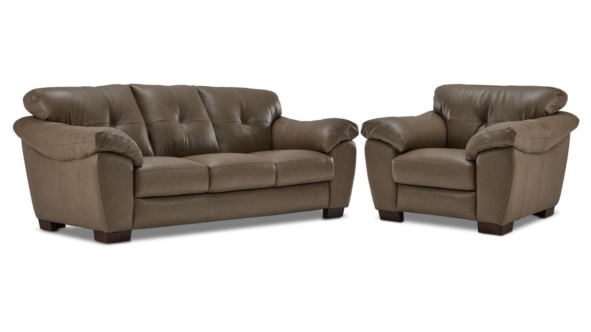 Sloan II chocolate leather sofa and chair set with wide cushioned arms and contemporary style