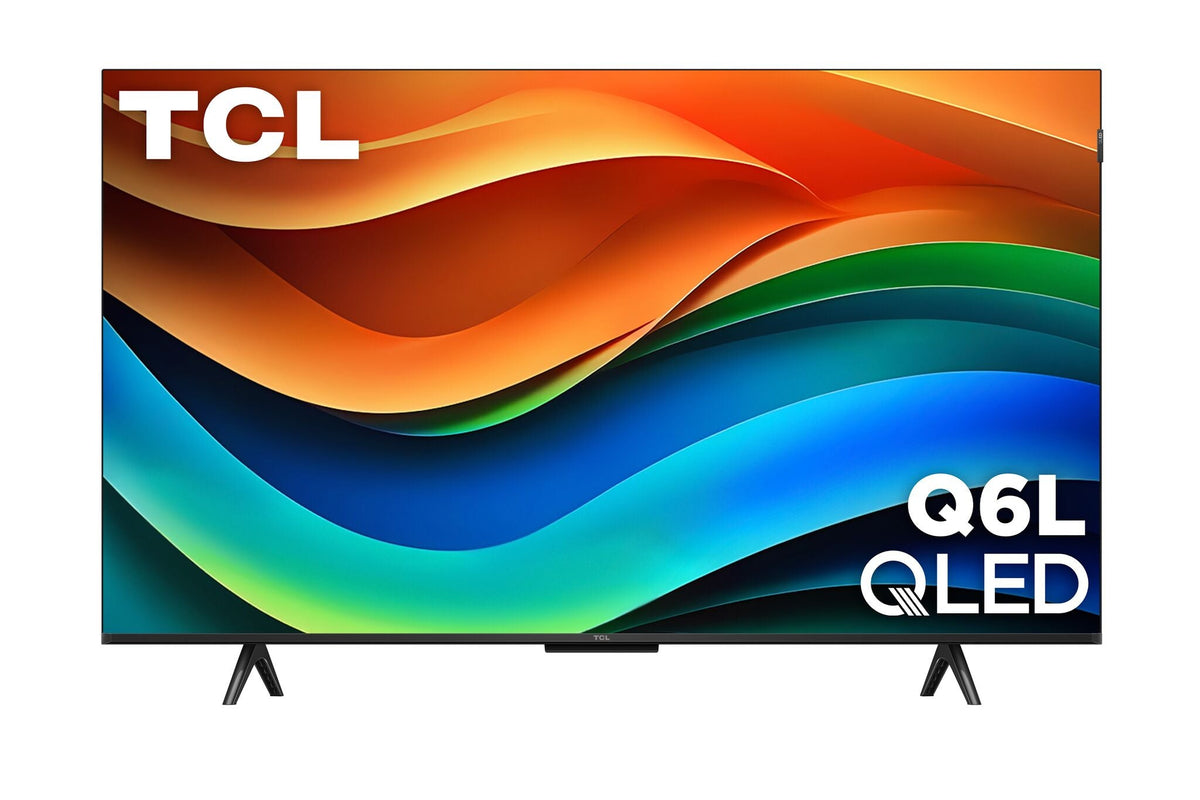 Front view of TCL 43-inch QLED 4K Smart TV displaying vibrant abstract background