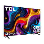 Angled view of the TCL 50" QLED TV with slim black bezel and two-leg stand