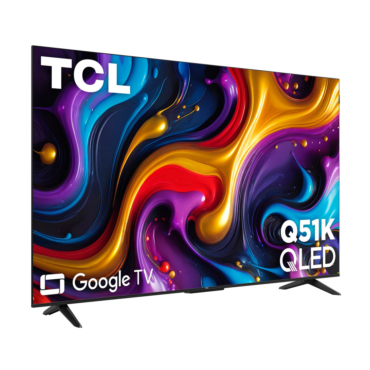 Angled view of the TCL 50" QLED TV with slim black bezel and two-leg stand