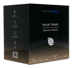 King HealthGuard Tencel Dream Split Head Mattress Protector packaging with black and bronze design and cooling, comfort and breathability icons