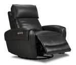Theo Leather Dual Power Rocker Recliner - Charcoal shown at an angle with reclining footrest extended and rocker base visible