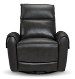 Theo Leather Dual Power Rocker Recliner - Charcoal front view with cushioned headrest, padded arms and smooth leather upholstery