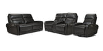 Theo Leather Dual Power Reclining Sofa, Loveseat and Rocker Recliner Set - Charcoal with padded headrests, curved arms and centre console