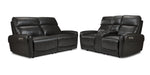 Theo Leather Dual Power Reclining Sofa and Loveseat Set - Charcoal with padded headrests, curved arms and centre console on the loveseat