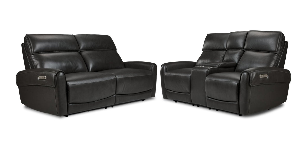 Theo Leather Dual Power Reclining Sofa and Loveseat Set - Charcoal with padded headrests, curved arms and centre console on the loveseat