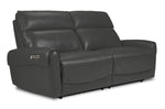 Theo Leather Dual Power Reclining Sofa - Granite shown at an angle with padded headrests, plush seating and curved arms