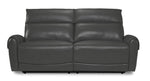 Theo Leather Dual Power Reclining Sofa - Granite front view with two cushioned seats, padded backrests and rounded arms