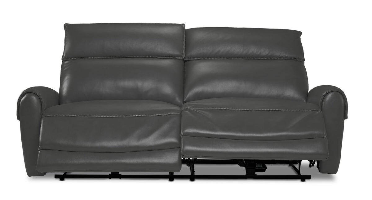 Theo Leather Dual Power Reclining Sofa - Granite front view with both power reclining footrests extended