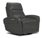 Theo Leather Dual Power Reclining Loveseat with Console - Granite shown at an angle with padded headrests, centre console and cupholders