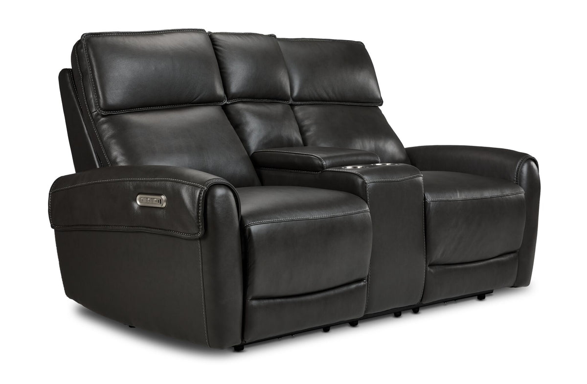 Theo Leather Dual Power Reclining Loveseat with Console - Charcoal shown at an angle with padded seating, headrests and centre console
