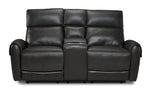 Theo Leather Dual Power Reclining Loveseat with Console - Charcoal front view with two cushioned seats and centre console with cupholders