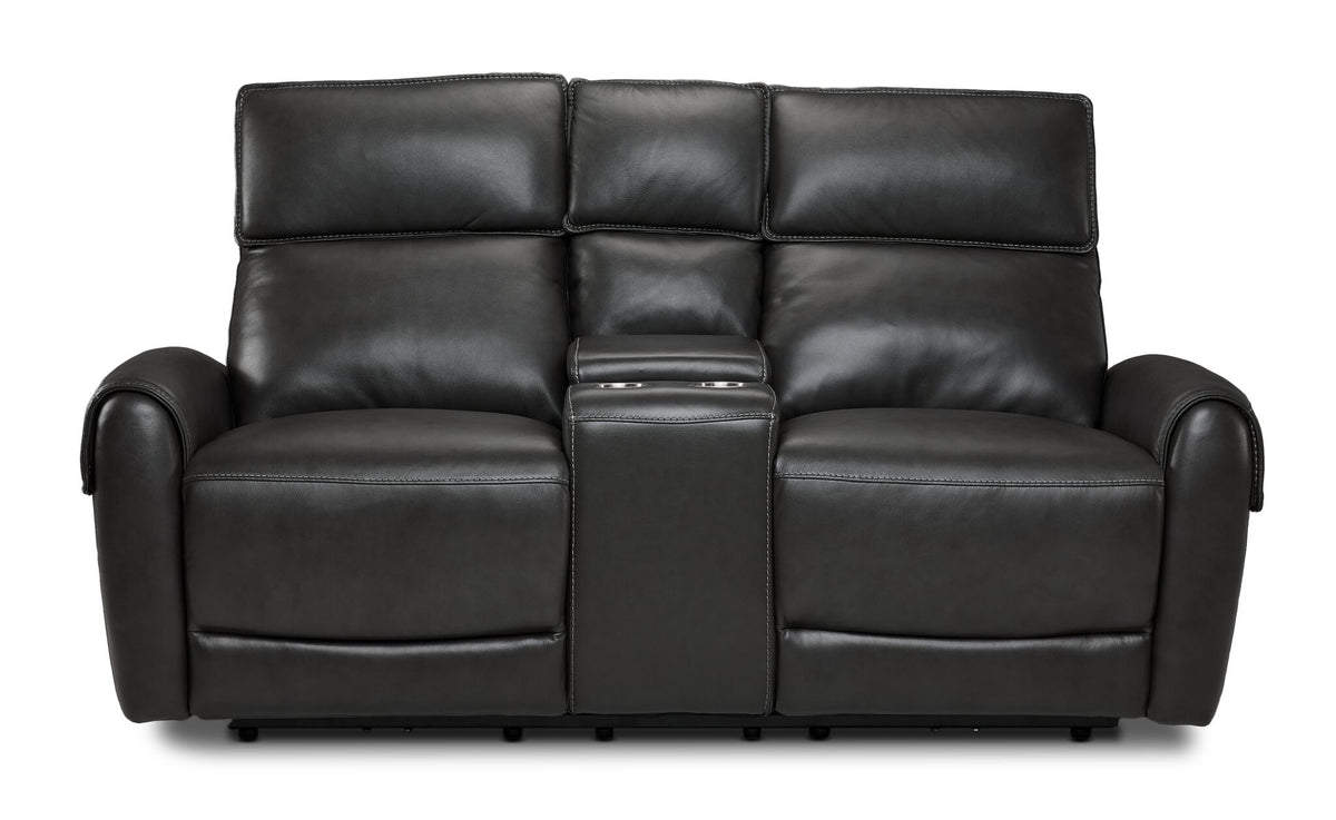 Theo Leather Dual Power Reclining Loveseat with Console - Charcoal front view with two cushioned seats and centre console with cupholders