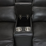 Theo Leather Dual Power Reclining Loveseat with Console - Charcoal close-up of open centre storage compartment and two metal cupholders