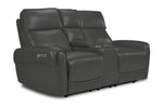 Theo Leather Dual Power Reclining Loveseat with Console - Granite shown at an angle with plush cushions, padded arms and centre console