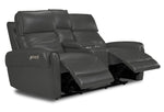 Theo Leather Dual Power Reclining Loveseat with Console - Granite shown at an angle with both reclining footrests extended