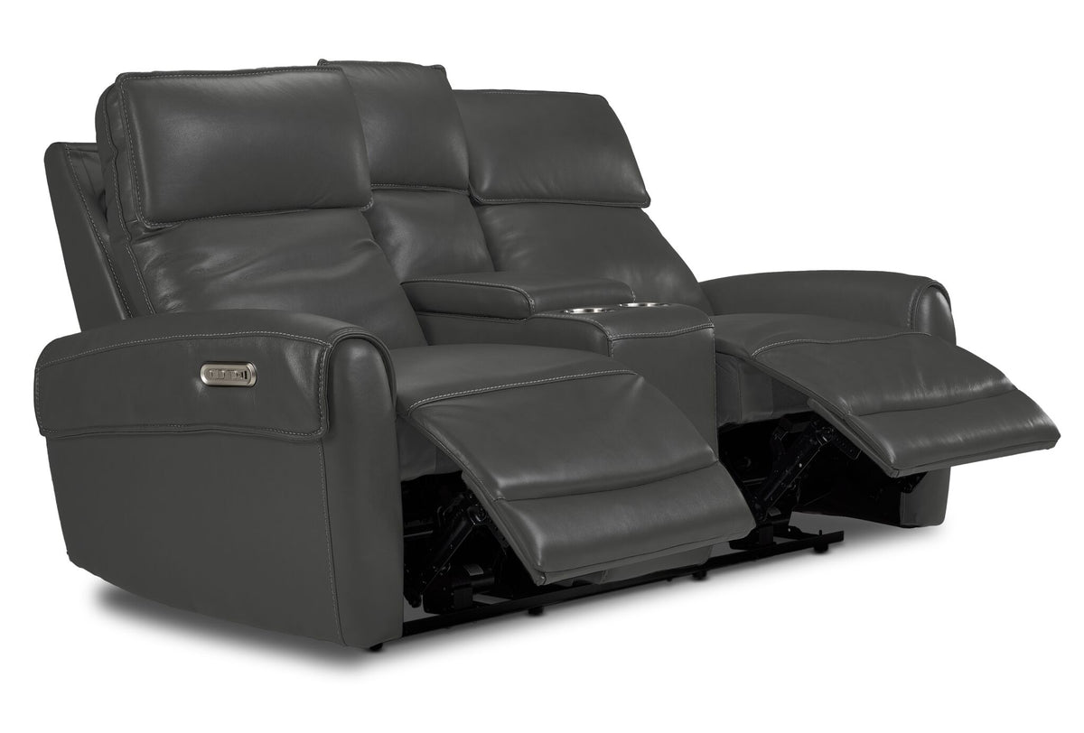 Theo Leather Dual Power Reclining Loveseat with Console - Granite shown at an angle with both reclining footrests extended