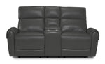 Theo Leather Dual Power Reclining Loveseat with Console - Granite front view with two cushioned seats and centre console with cupholders