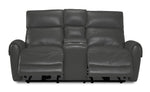 Theo Leather Dual Power Reclining Loveseat with Console - Granite front view with both reclining footrests extended and centre console