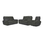 Theo Leather Dual Power Reclining Sofa, Loveseat and Rocker Recliner Set - Granite with padded headrests, curved arms and centre console
