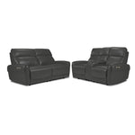 Theo Leather Dual Power Reclining Sofa and Loveseat Set - Granite with padded headrests, curved arms and centre console on the loveseat