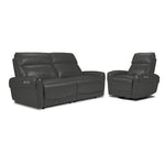 Theo Leather Dual Power Reclining Loveseat with Console - Charcoal shown at an angle with padded headrests, centre console and cupholders