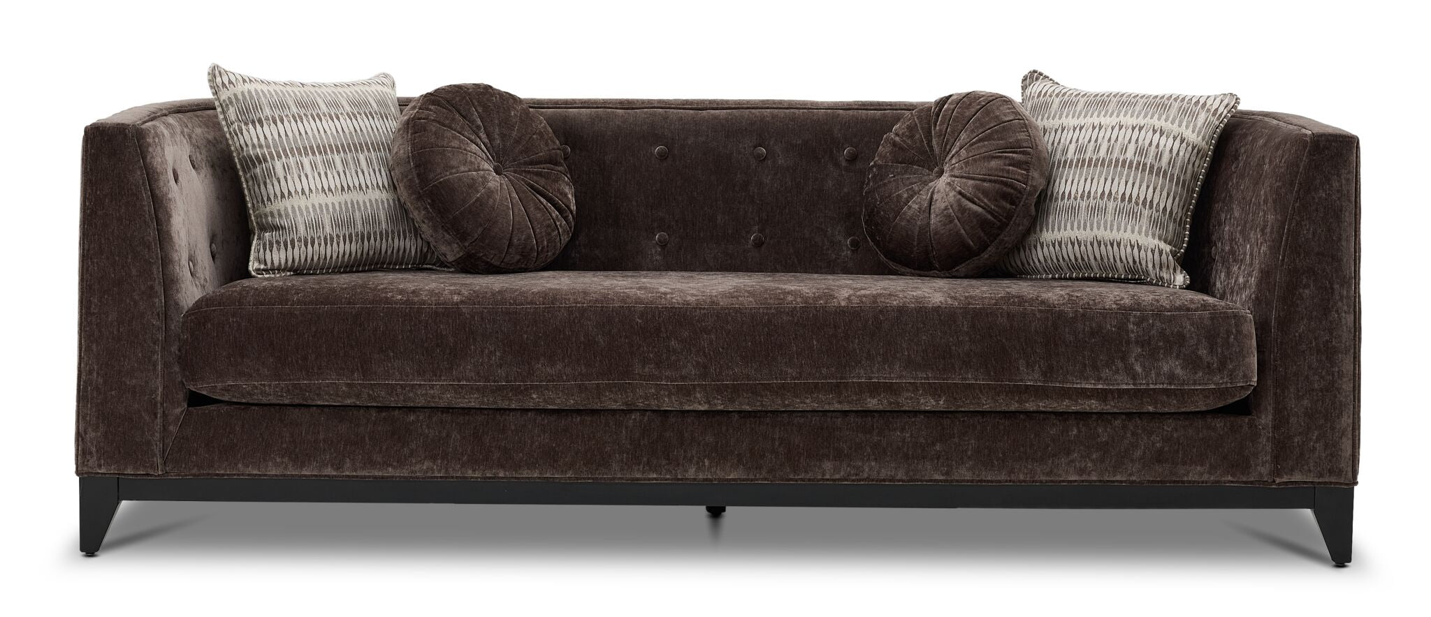 Tresor dark brown sofa with velvet-finish fabric, button-tufted back and front view