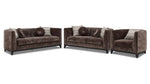Tresor dark brown sofa, loveseat and chair set with curved backs, button-tufted detail and accent pillows