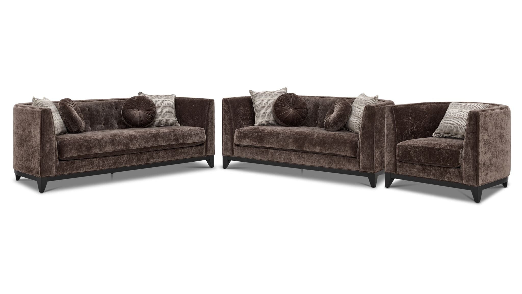 Tresor dark brown sofa, loveseat and chair set with curved backs, button-tufted detail and accent pillows