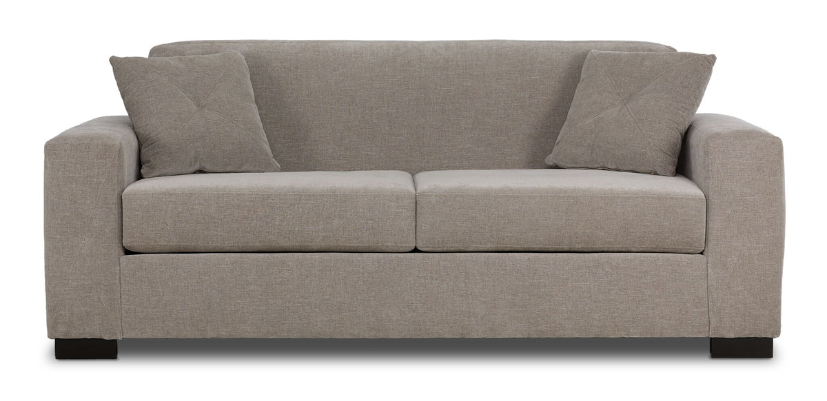 Valetta Sofa - Wheat front view with two seat cushions, wide track arms and matching cross-stitched accent pillows