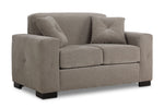 Valetta Loveseat - Wheat angled view with two seat cushions, wide track arms, dark block feet and two accent pillows