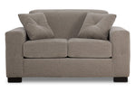 Valetta Loveseat - Wheat front view with two seat cushions, wide track arms and matching cross-stitched accent pillows