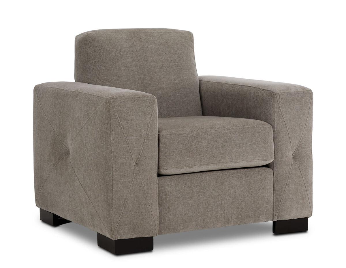 Valetta Chair - Wheat angled view with single seat cushion, wide track arms, dark block feet and cross-stitched arm detail